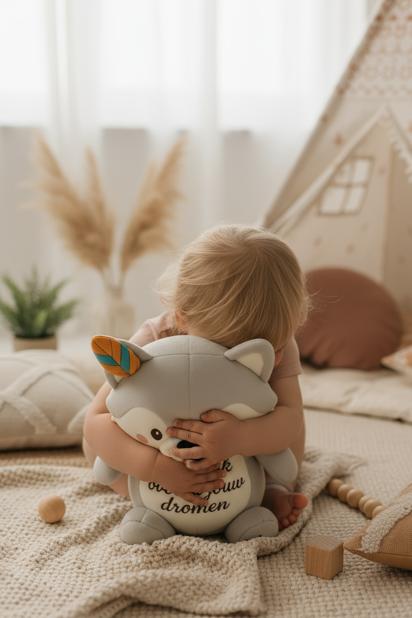 Kindje knuffelt Wolfie de Nachtbewaker